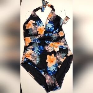 DKNY Tropical print halter one piece swimsuit